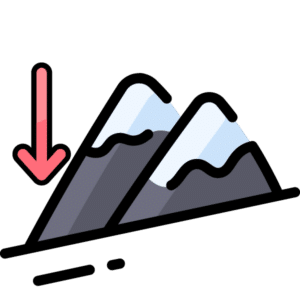 a graphic of a mountain with a red arrow pointing down